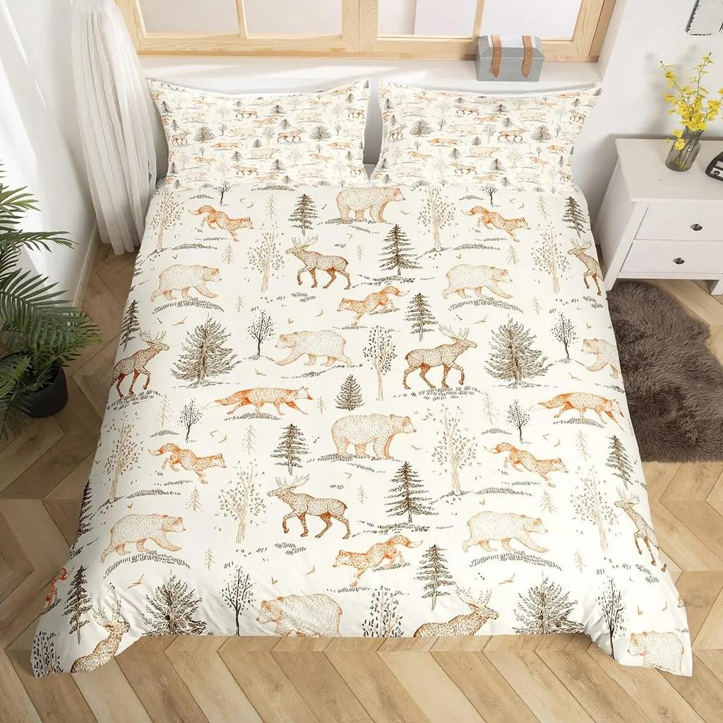 Cute Animals Duvet Cover Bear Hedgehog Bedding Set for Kids Boys Girls Pumpkin Mushroom Leaf Comforter Cover Autumn Quilt Cover