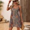 Damen V-Ausschnitt Ärmellos Mini-Kleid A-Linie Hoher Bund Paisley Blumenmuster Boho Sommerkleid