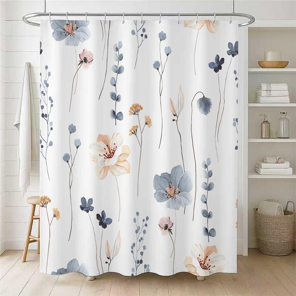 1/4 Flowers And Plants Shower Curtains, Toilet Seat Decoration, Shower Curtain With Carpet And Toilet Lid, 12 70.8X70.8 Inch Hoo