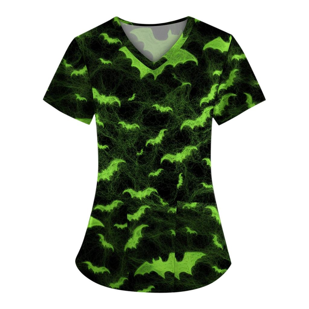 Plus SizePrinted Scrub Working Uniform Tops For Women's Cross V-Neck Halloween Print Short Sleeve Fun T-Shirts Workwear Tee With Pockets
