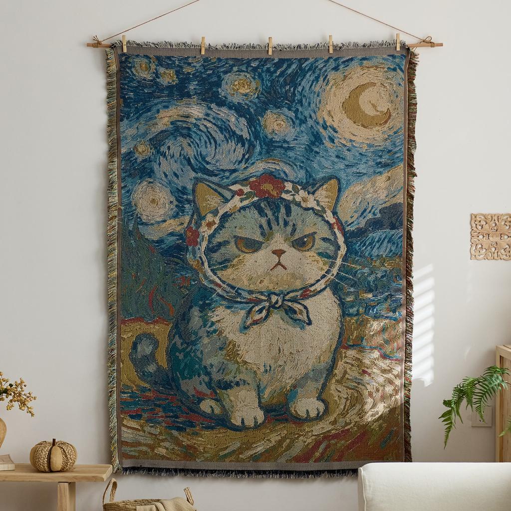 Retro Star and Moon Cloud Scene Hanging Cloth Art Style Fabric Hanging Painting Homestay Wall Decoration Background Cloth Cotton Yarn Fringed Tapestry