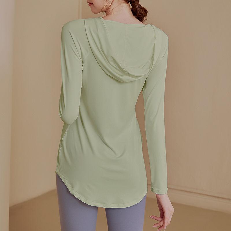 Women Autumn Spring Slim Fit Hooded Long Sleeve Workout Top High Waist Loose Fitness Shirt for Running Yoga Gym