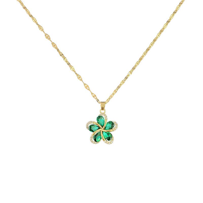 316L Stainless Steel Exquisite Green Zircon Flower Necklace Ladies Fashion Party Dating Clavicle Chain Sweater  Chain Gift