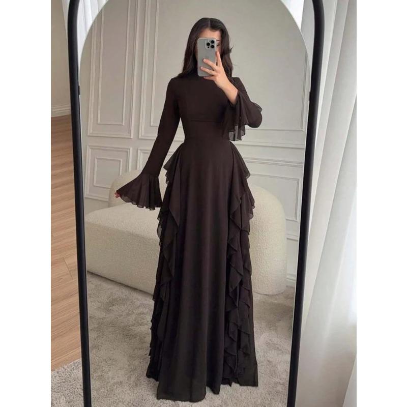 Abito Casual Elegante da Donna Europeo Americano a Vita Alta Monocolore con Maniche a Campana Abito Lungo Maniche Lunghe