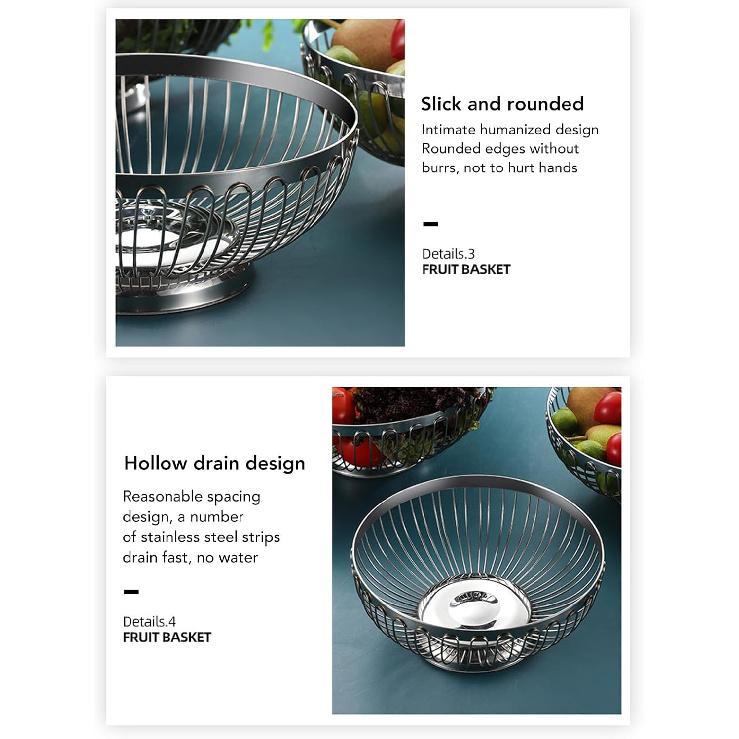 Countertop Fruit Bowl, Stainless Steel Countertop Fruit Basket Metal Wire Fruit Storage Basket for Vegetable Snacks Bread (L)