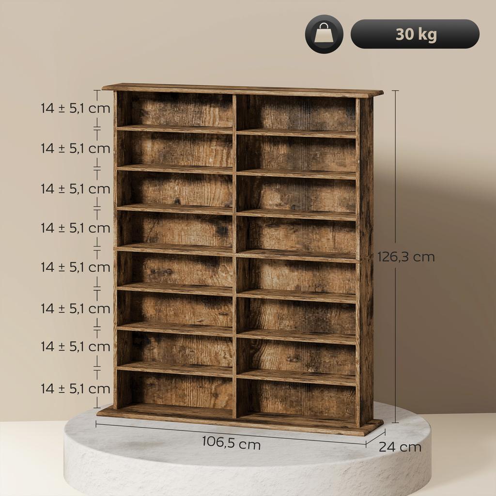 CD/DVD Storage Unit, 16 Compartments, 12 Shelves, 720 CDs, Brown