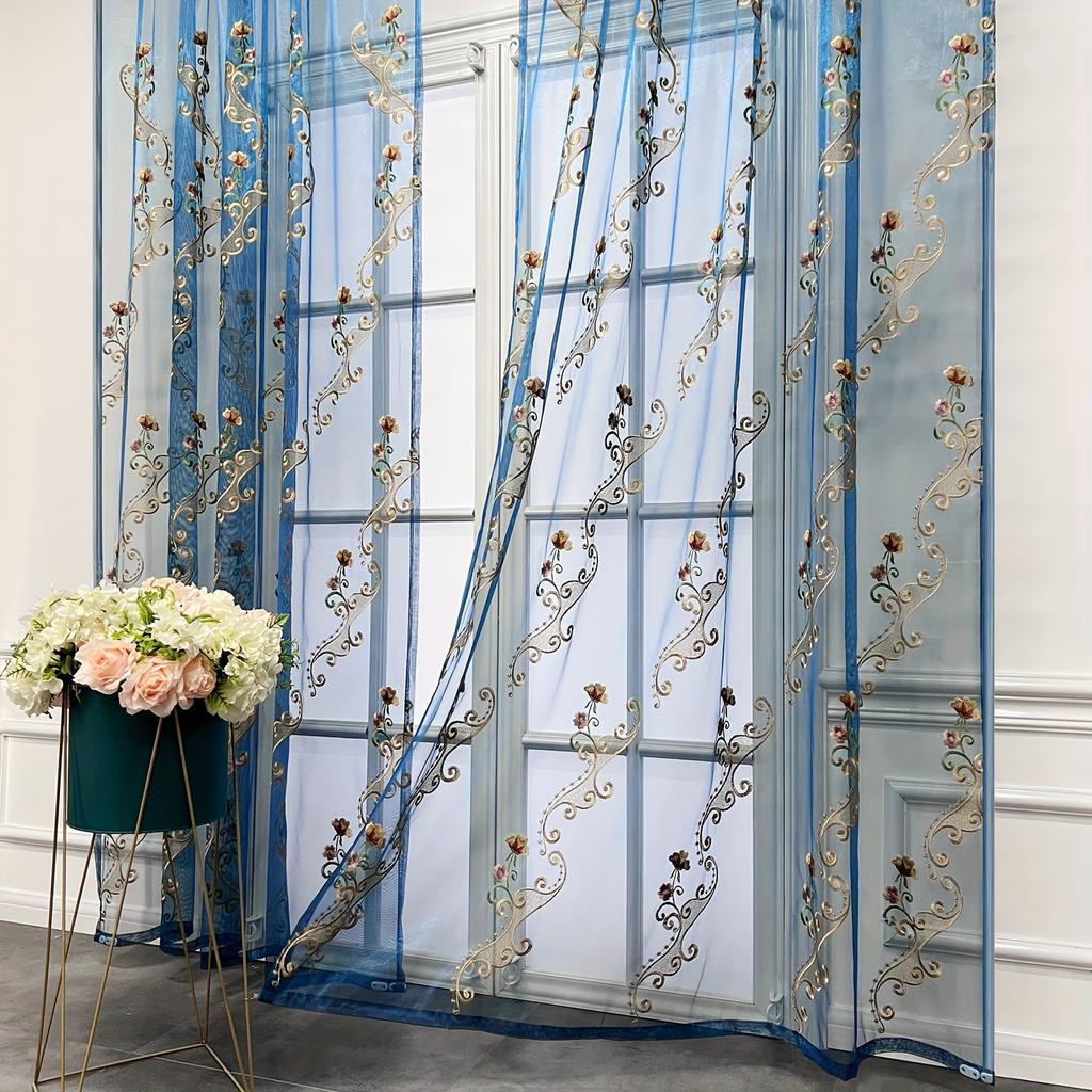 1-Panel Luxury Blue Embroidered Sheer Curtain - Light Filtering, Vintage Flower Pattern, Lace Voile Draperies for Living Room, Bedroom, Dining Room