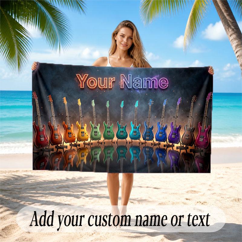 Music Guitar Theme Beach Towel Personalized Custom Name & Text Soft Quick Dry Beach Towel for Swimming Travel