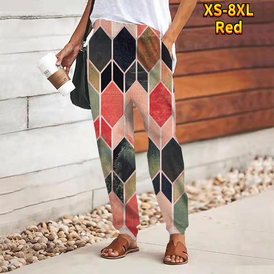 

Women Geometry Printing Pants Lace Up Elastic Waist Loose Trousers Casual Long Pants Trousers with Pockets XS красный