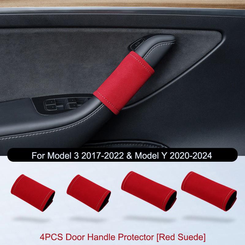 For Tesla Model Y Juniper 4PCS Car Door Inner Handle Protector Cover Suede Leather for Model 3/Y Door Handle Gloves Accessories