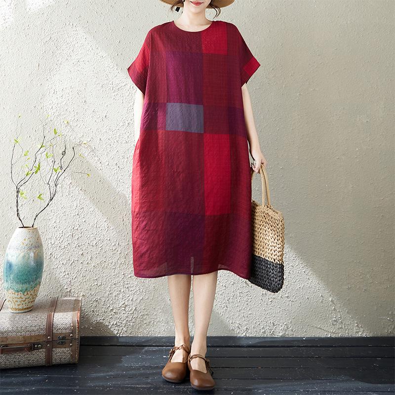 

Summer Cotton & Linen Printed Short-Sleeve Midi Dress for Women Plus Size Free Size