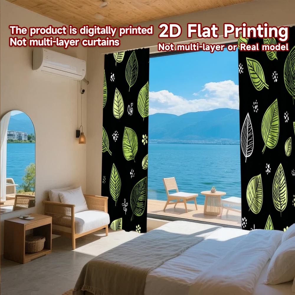 Set Of 2 Flat Printing Curtains Without Rod Green Leaf Design Dark Background April Fools Is Day Festival Fashion Curtain Polyester