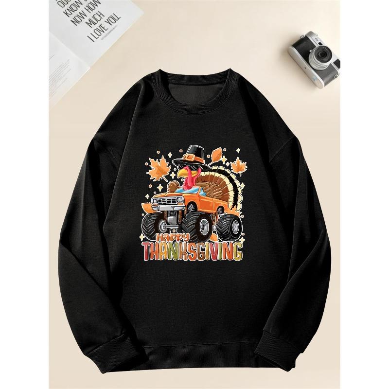 Men's Happy Thanksgiving Cartoon Turkey Print Casual Crewneck Sweatshirt