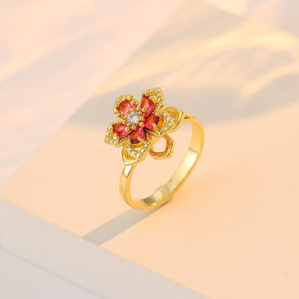 New Luxury Multicolor Flower Zircon Inlay Design Necklace Rotating Ring Set for Women Exquisite Stainless Steel Jewelry Gift