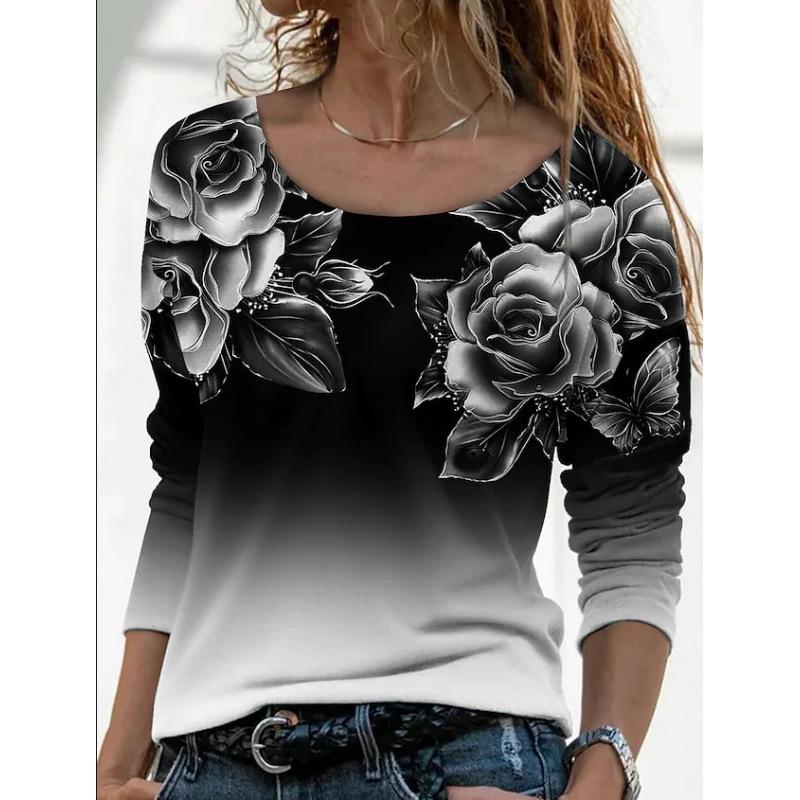 women s Floral Print Gradient Long Sleeve Top Casual Crew Neck 3D Rose Print Tunic Shirt S чёрный