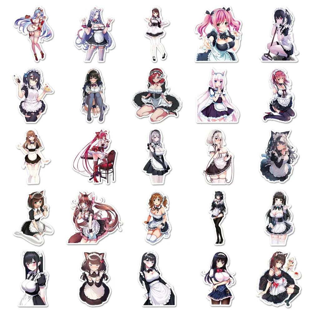 50pcs Waterproof Anime Cat Lady Kawaii Uniform Maid Stickers Japanese Cartoon Manga Drawing Doodle Decorations
