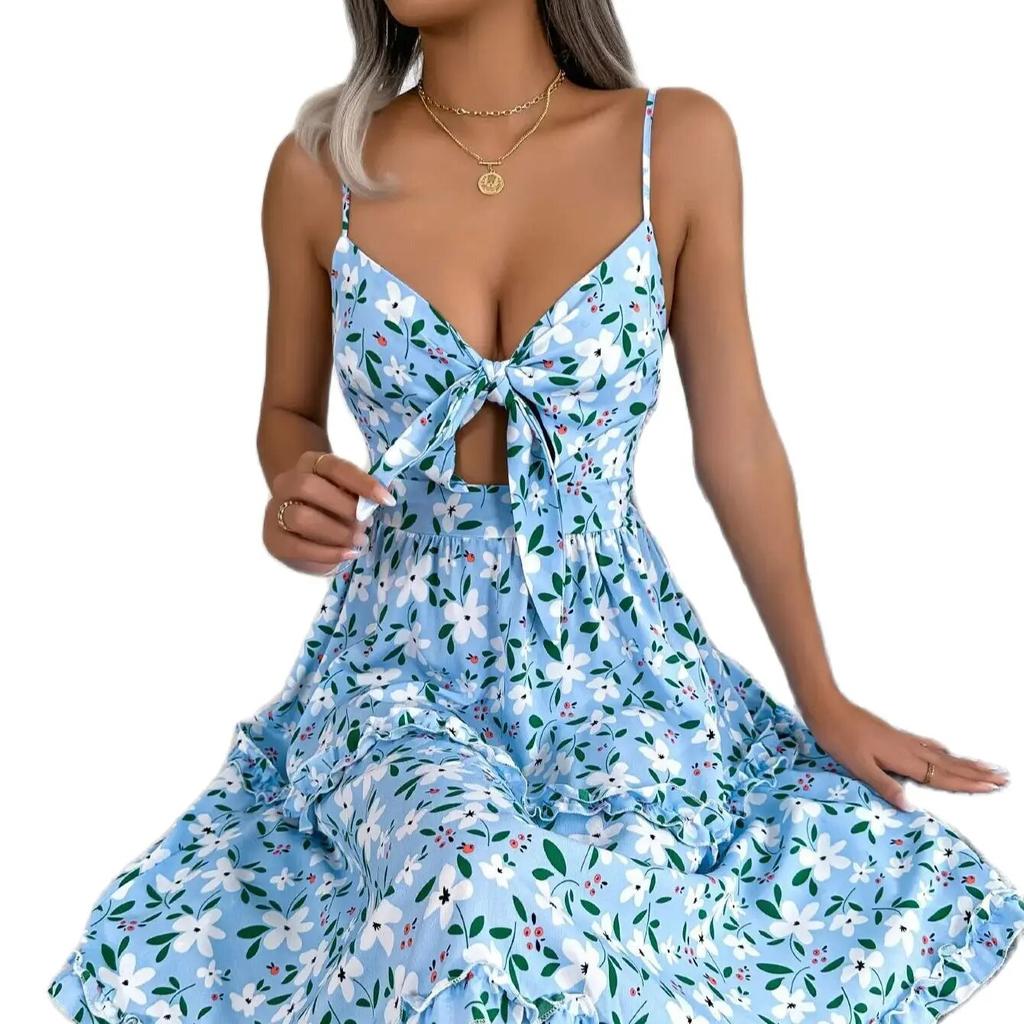 Sommermode Damen Lässiges Blumen-Schleifen-Holzohr-Trägerkleid Elegant und Sexy Slim Fit Träger Print V-Ausschnitt Schnürkleider