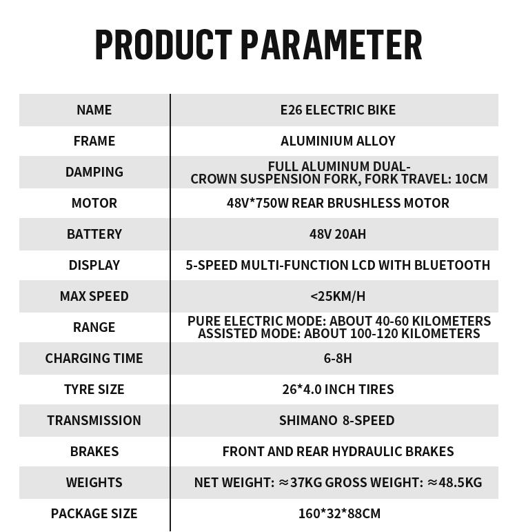 DUOTTS E26 Elektrofahrrad, Samsung 48V 20Ah Akku, Vollfederungssystem, 26-Zoll-Reifen, maximale Reichweite 60-120 km.