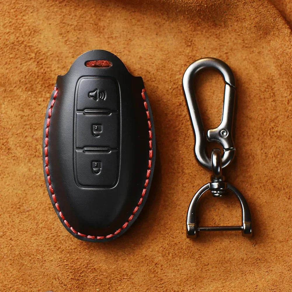 KEYYOU Genuine Leather Car Key Case Cover For Nissan Tidda Livida X-Trail T31 T32 Qashqai March Juke Note GTR Keychain Ring