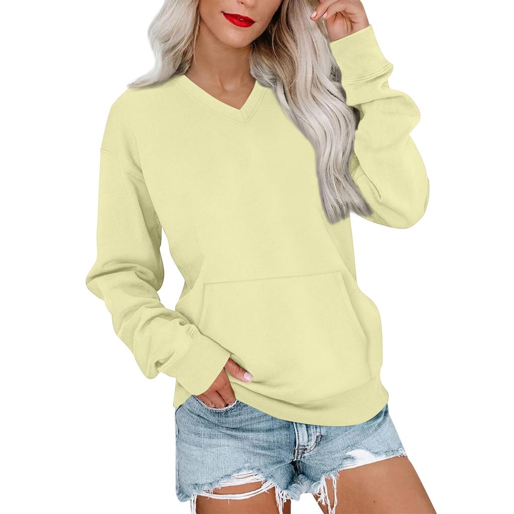 Women's Casual Fashion Solid Color V-Neck Long Sleeve Sweatshirt Lightweight Pullover With Pockets Warm Sweatshirt