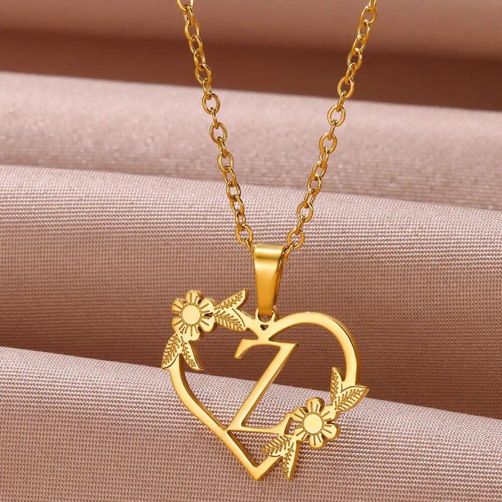 Zlatá farba Jemný kvetinový náhrdelník s iniciálami pre ženy a dievčatá z nehrdzavejúcej ocele Srdiečko s písmenom Choker náhrdelník Najlepšie darčeky Abecedné šperky