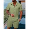 Summer Men's Solid Color Comfortable Casual Shirt Short Sleeved Beach Pants Set