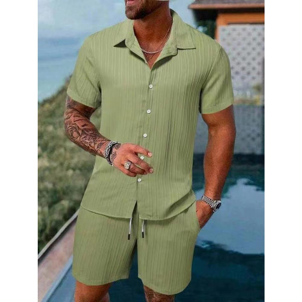 Summer Men's Solid Color Comfortable Casual Shirt Short Sleeved Beach Pants Set