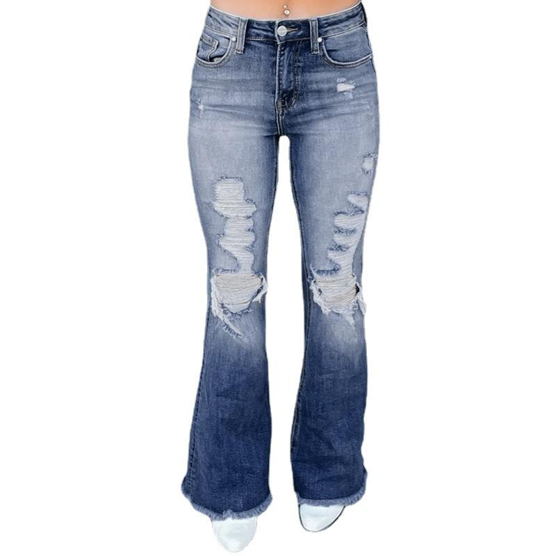 European & American Women's High Waist Slimming Flare Jeans - 2025 New Style, Comfortable Ripped Stretch Denim