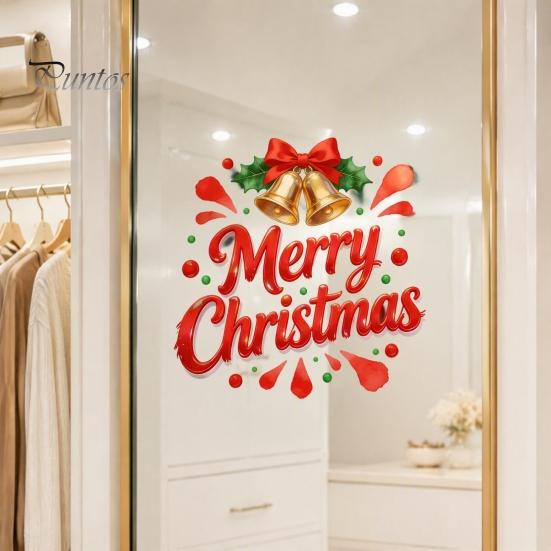 Christmas Window Clings Merry Static Glass Sticker, Decals with Bell Holiday Store Displays Elements, Removable for Home Party Decorations Ornaments