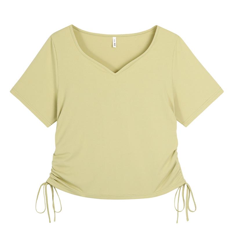 

Футболка Solid Peach Heart с V-образным вырезом — короткий рукав, размер Plus, летний крой 2XL (140-160 jin) жёлтый/имбирный