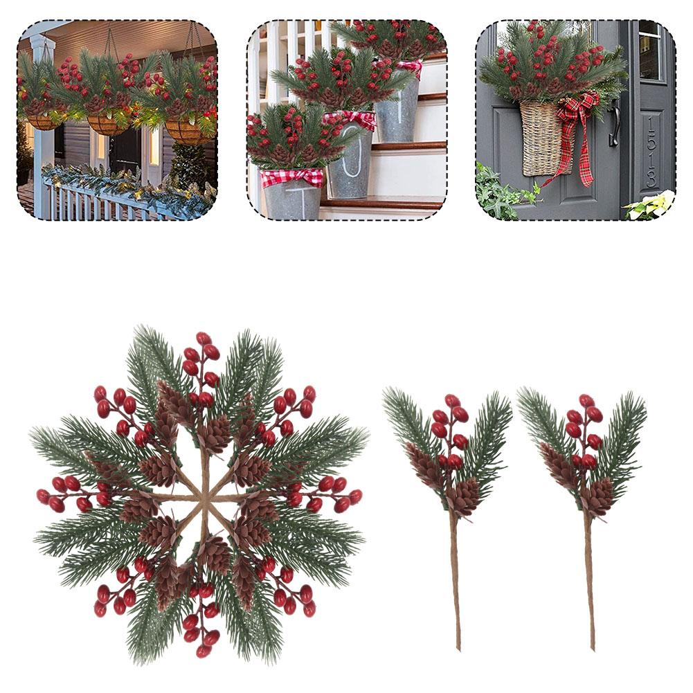 Festive Set of 10 Artificial Pine Branches with Berries and Cones Perfect for Winter Decor in Homes or Offices