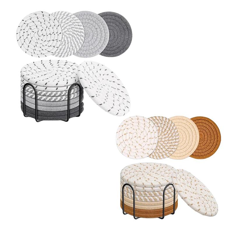 8Pcs Cup Coasters For Drinks Absorbent Woven Coaster Set With Holder Farmhouse Cloth Fabric Cup Coasters For Coffee Tea