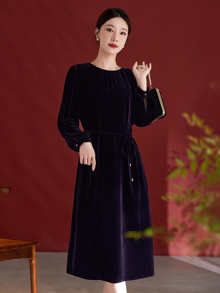 Elegantes Retro Samt-Midikleid aus Seide - Damen Bindegürtel, Langarm, Maulbeerseide für Herbst/Winter