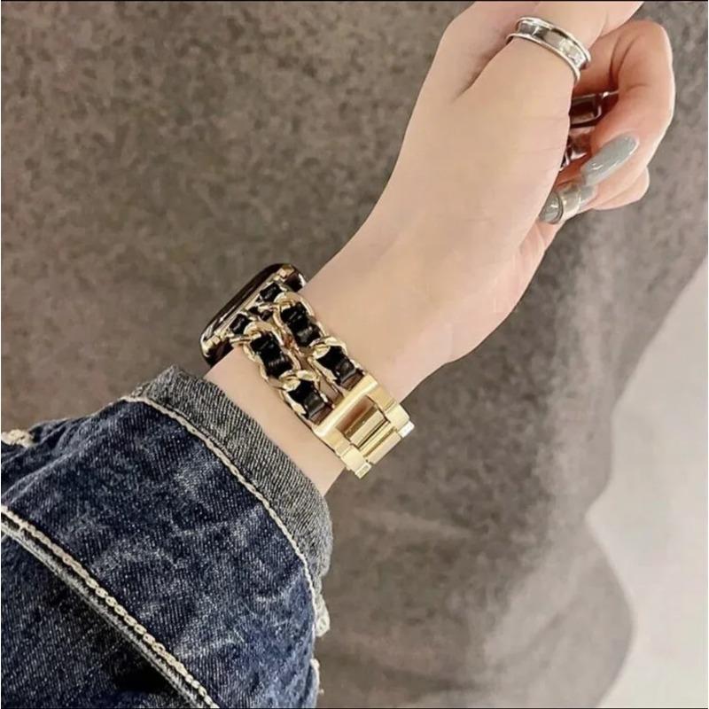 Fashion Leather Stainless Steel Bracelet Link For Apple Watch Band Series 11/8/7/6/10/9 40mm 41mm 38mm 42mm 44mm 45mm 46mm Strap