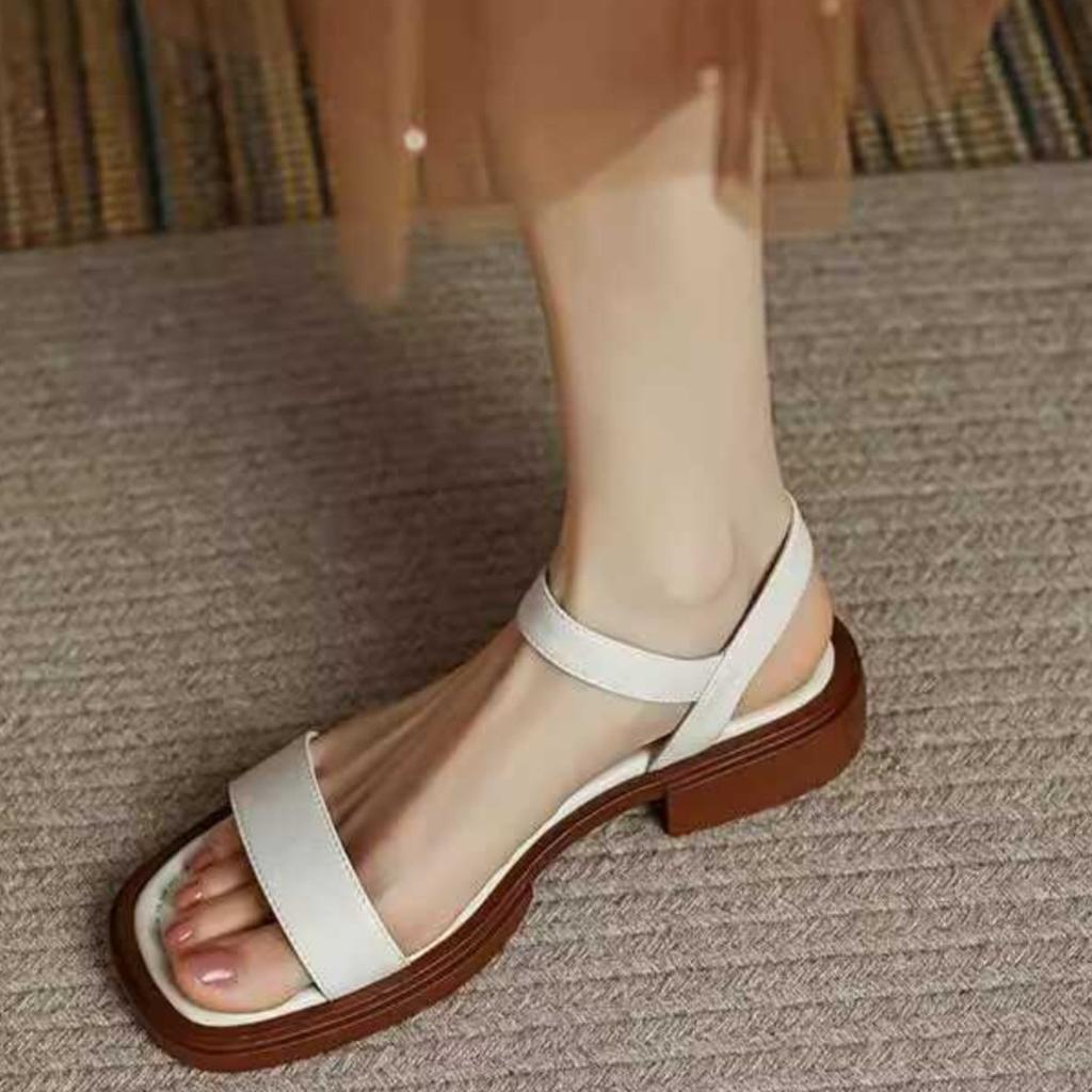 Fashion Leather Flat Sandals Women's Summer New Comfortable Soft Sole Thick Heel with Open Toe Roman Shoes