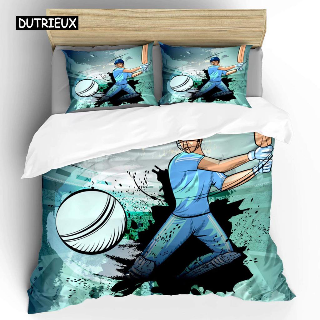 Cricket Duvet Cover Set Abstract Sports Pattern Bedding Set Microfiber Player Playing Game of Cricket Double Queen Quilt Cover