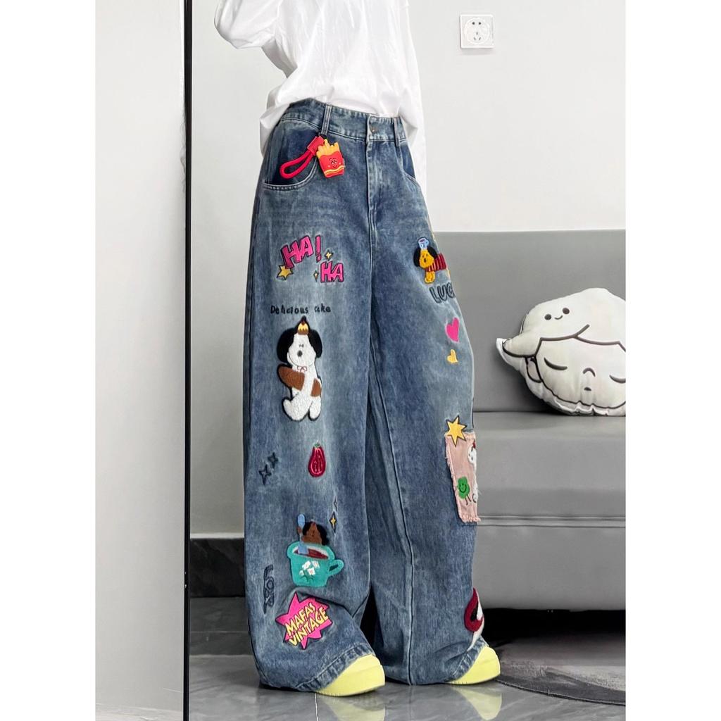 Retro Cartoon Floing Embroidery Jeans Women Waed Loose Wide Leg Pants Casual Loose Fit