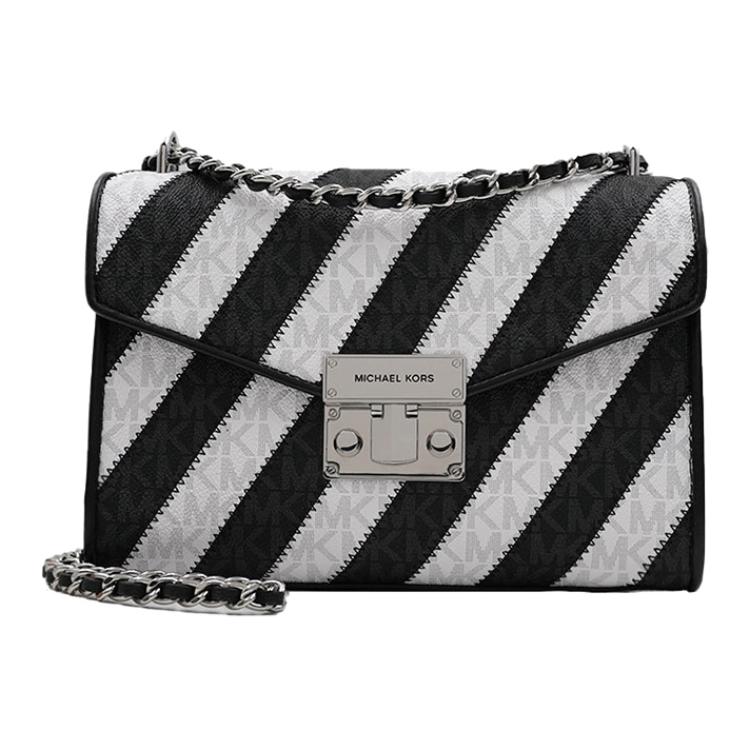 

Michael Kors Box Series MK Rose Silver Buckle Flap Striped Color Block Chain PVC Shoulder Bag Medium Women shoulder bag 35F0SXOL2L-BLACK-MULTI Basic Set (Bag+Dust Bag)