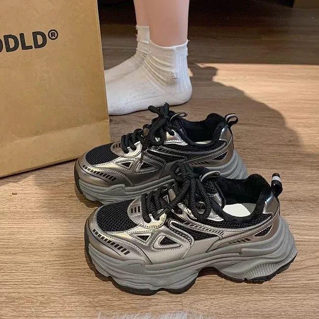 Black Dad Shoes Women's 2025 New Spring and Autumn Double Mesh Women's Shoes Versatile Platform Casual Sports Shoes