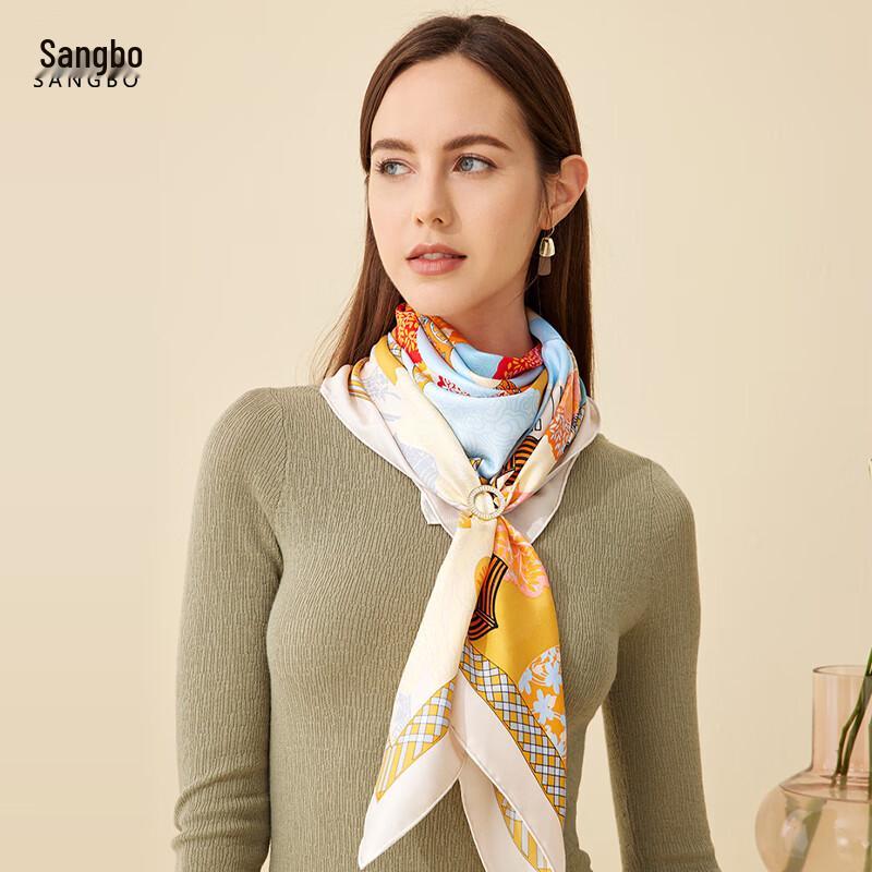 SANGBO 100% Mulberry Silk 14 Momme Double-Sided Printed Large Square Scarf 90x90cm