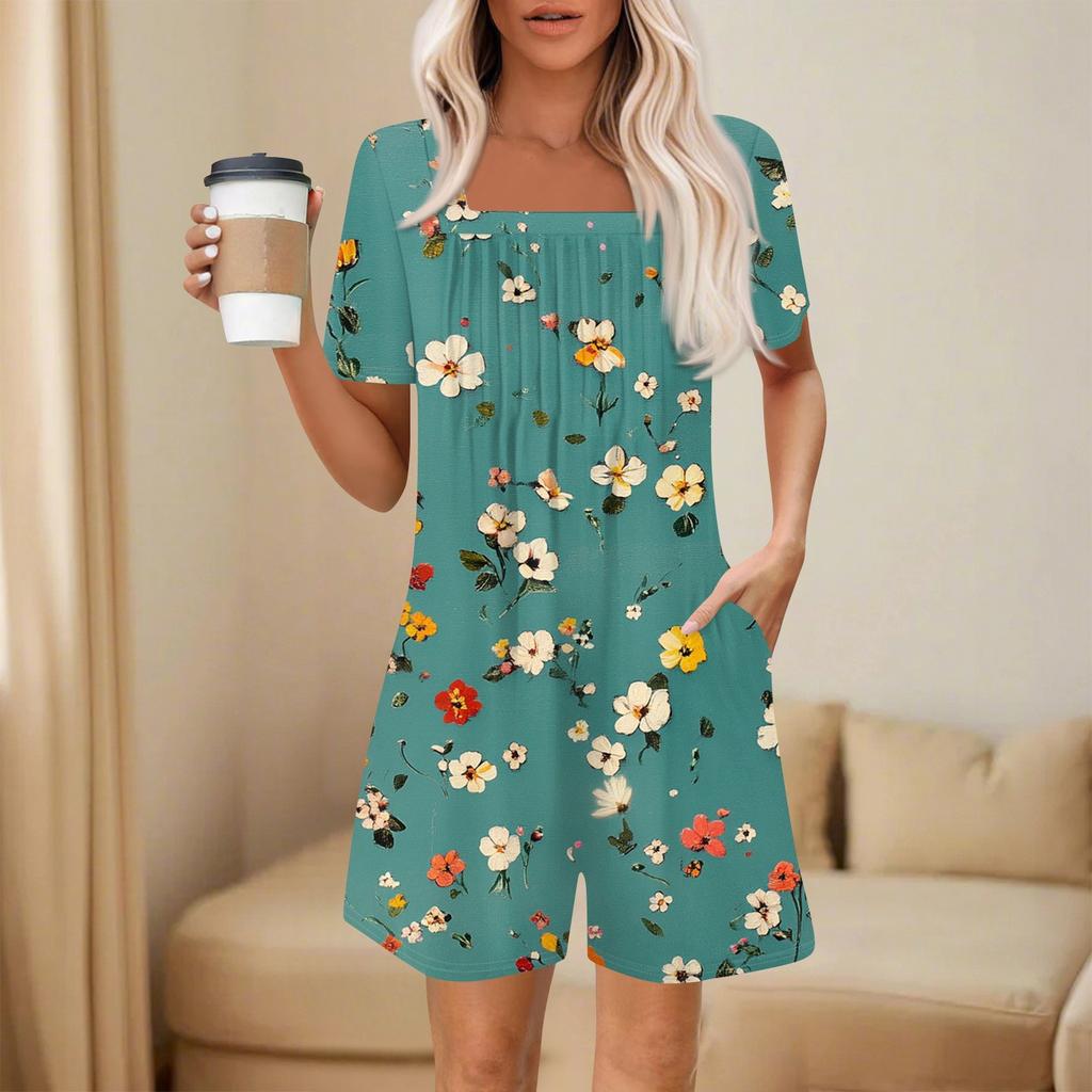 Damen Modischer und Lässiger Kurzarm-Plissee-Taschen-Jumpsuit Bedruckter Jumpsuit Shorts