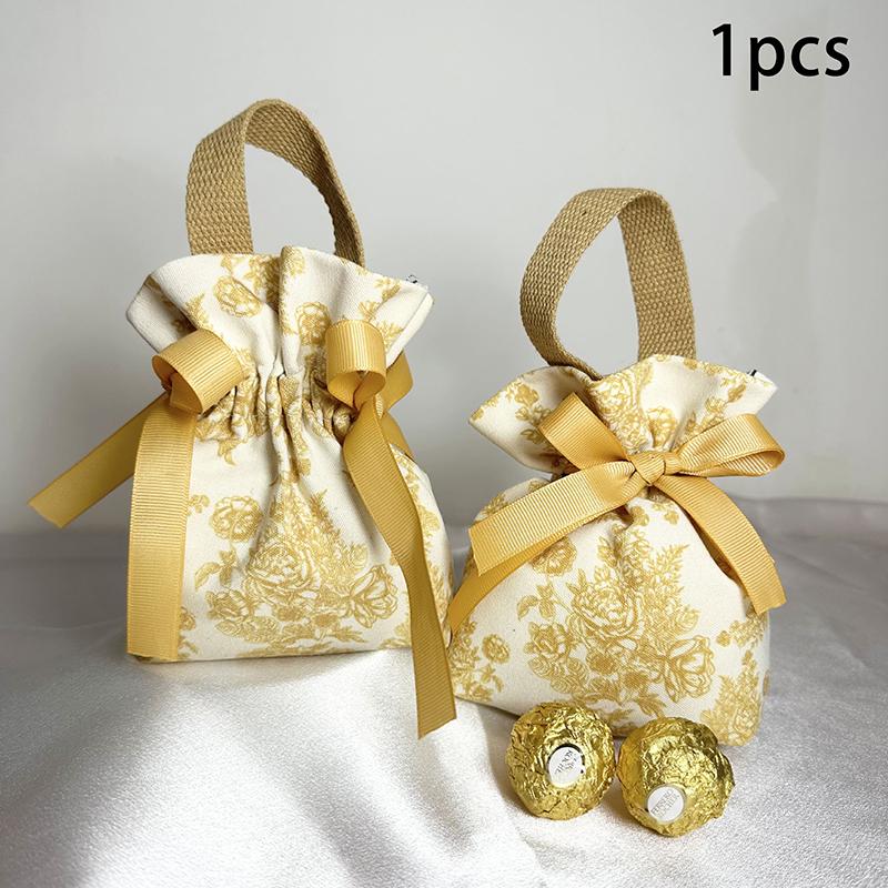 1PC Flower Printed Drawstring Candy Pouch Bag, Handle Bag Gift for Wedding Party