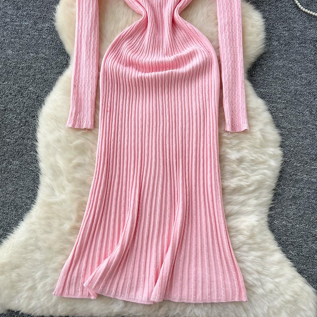 Podzim Zima Dámský Elegantní Svetr s V-výstřihem a Dlouhým Rukávem s 3D Květinami Pletený Pulovr Dlouhé Midi Společenské Šaty