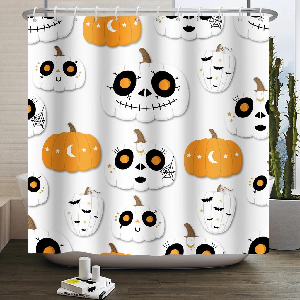 Halloween Shower Curtain Funny Horror Pumpkin Bat Cartoon Cat Happy Halloween Bathroom Curtain for Kids Waterproof Bath Curtain