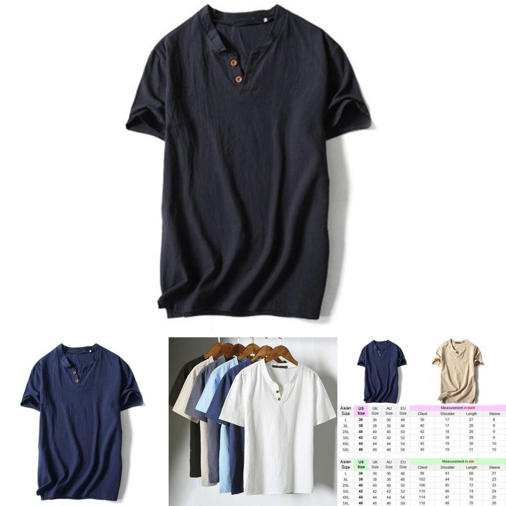Premium Quality Men Brief T-shirt Summer V-neck Cotton Linen Blouse Top Tee Shirt Plus Size