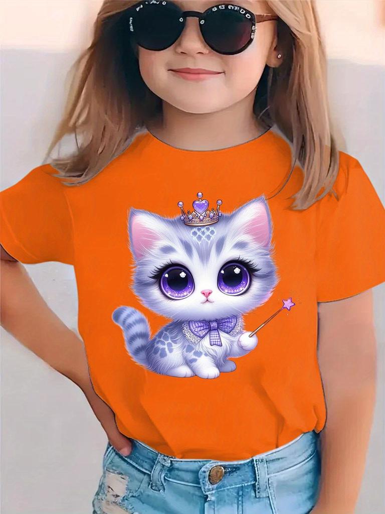 Kids Short Sleeve T Shirts Pink Kawaii Crown Magic Wand Kitten Print Soft Breathable Loose Summer Fashion Tops for Girls