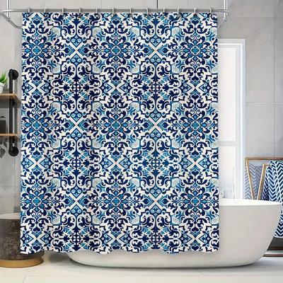 Modern Stripe Blue Shower Curtain Bath Decor for Home, Lightweight Fabric Waterproof Rod Pocket Design (Set)