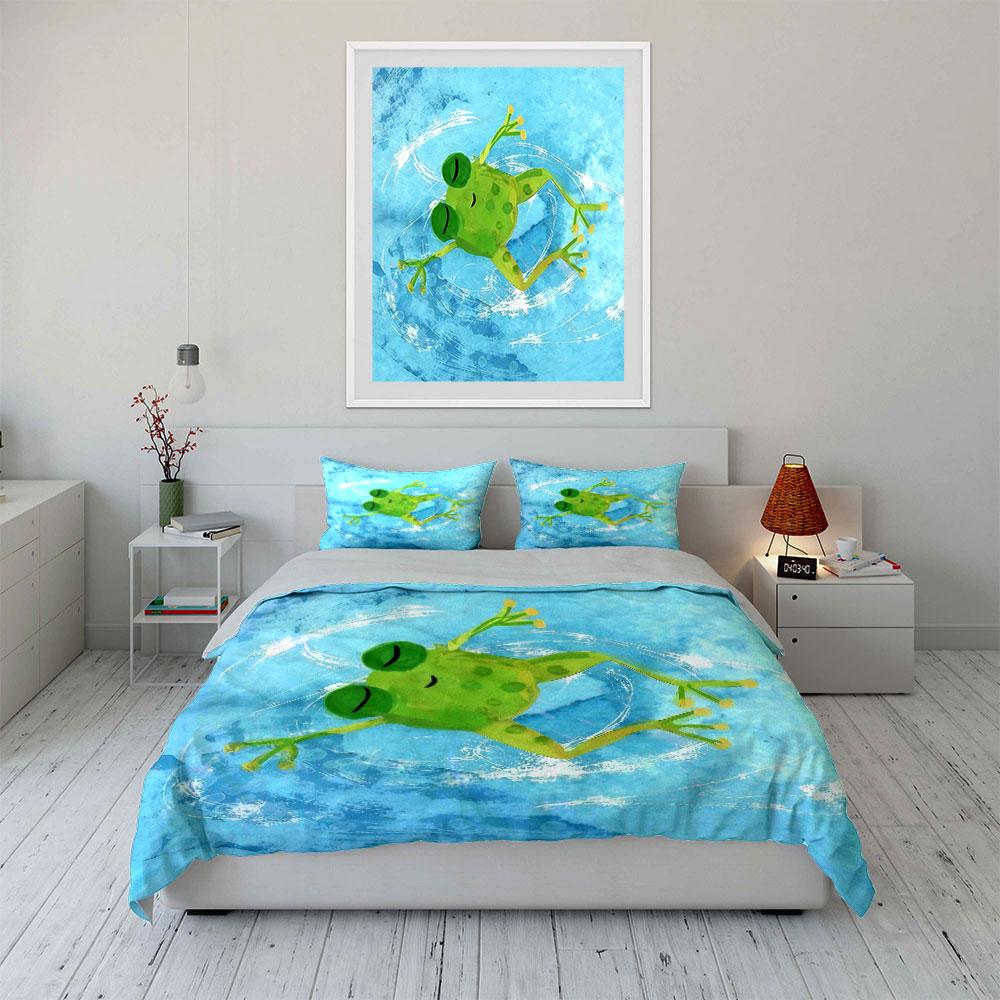 Swimming Frog Art Set Soft Comfortable Duvet Cover Bedding Set Included 1*Duvet Cover & 2*Pillowcases, Gift