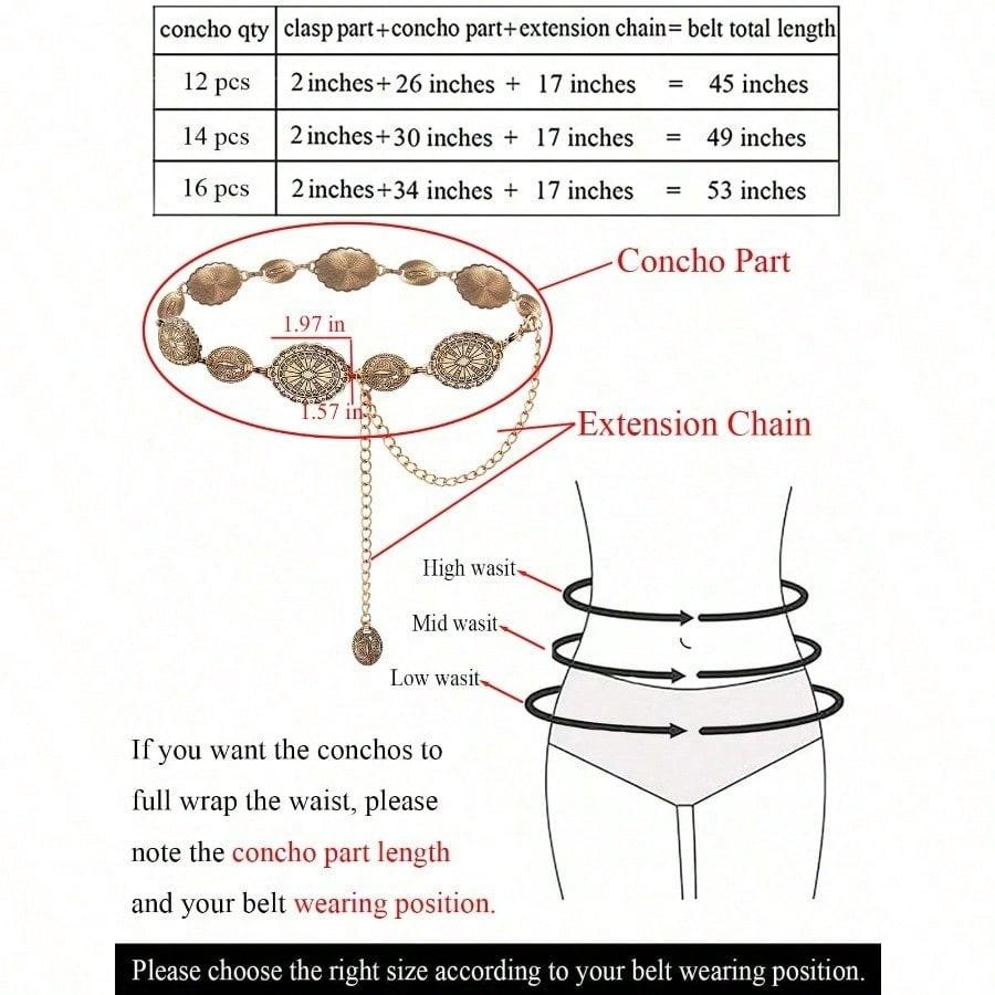 Western Metal Concho Belt For Women Cowgirl Chain Belts For Dresses Jeans Country Concert Outfit