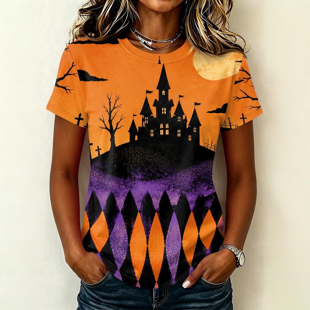 Women's Casual Pullover Short Sleeve T-Shirt Halloween Print Top Crew Neck Relaxed Fit Lightweight Tee for Everyday Wear
